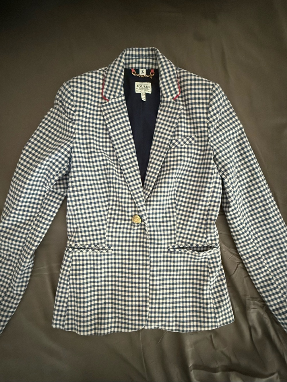 Joules Navy and White Gingham Tailored Blazer with Contrast Trim